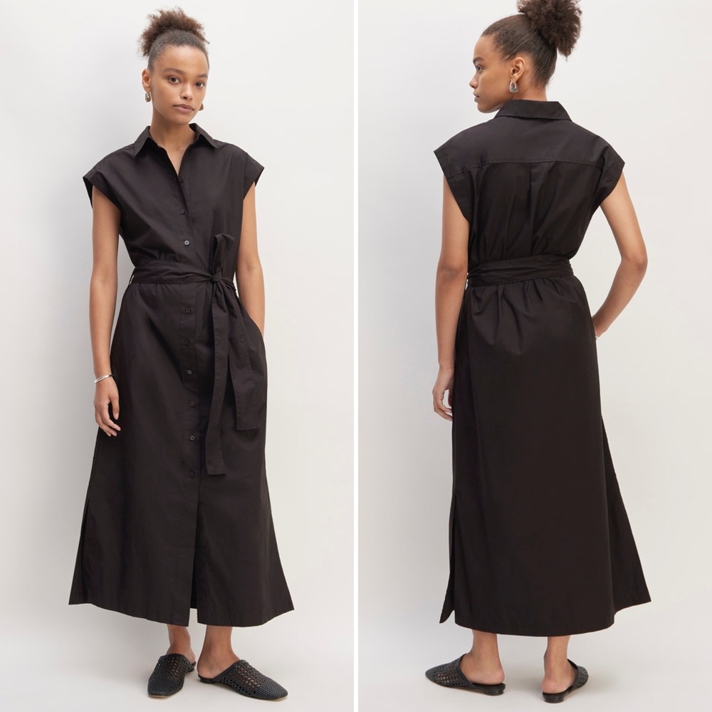 Everlane Black Button-Front Maxi Shirt Dress with Waist Tie